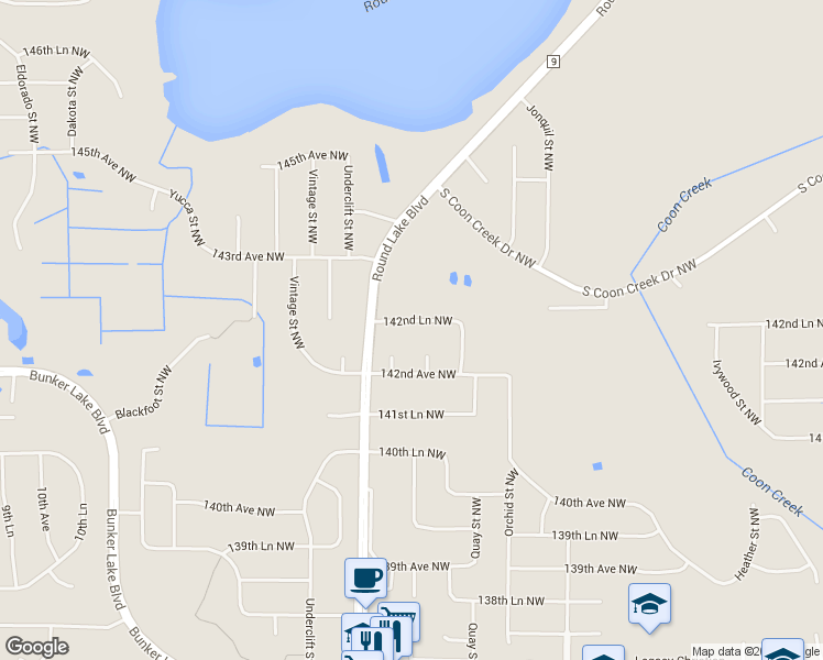 map of restaurants, bars, coffee shops, grocery stores, and more near 3518 142nd Lane Northwest in Andover