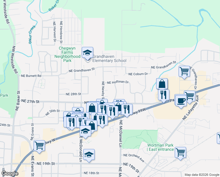 map of restaurants, bars, coffee shops, grocery stores, and more near Northeast Kristin Court in McMinnville