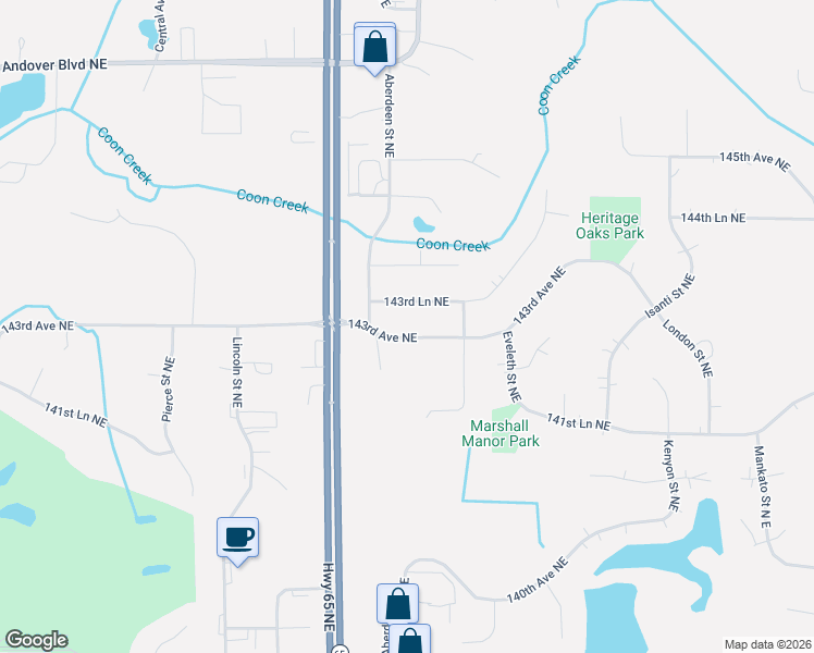 map of restaurants, bars, coffee shops, grocery stores, and more near 1505 143rd Avenue Northeast in Ham Lake