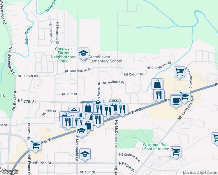 map of restaurants, bars, coffee shops, grocery stores, and more near 2835 Northeast Leathers Lane in McMinnville