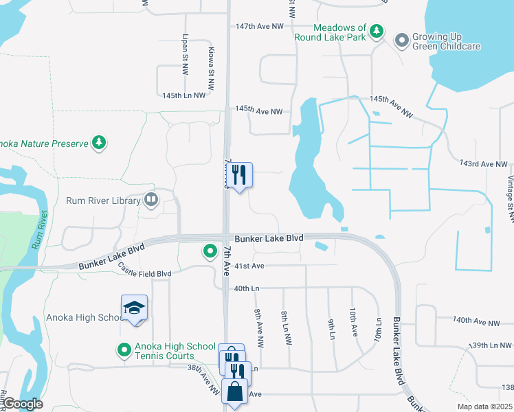 map of restaurants, bars, coffee shops, grocery stores, and more near 14221 Inca Street Northwest in Andover