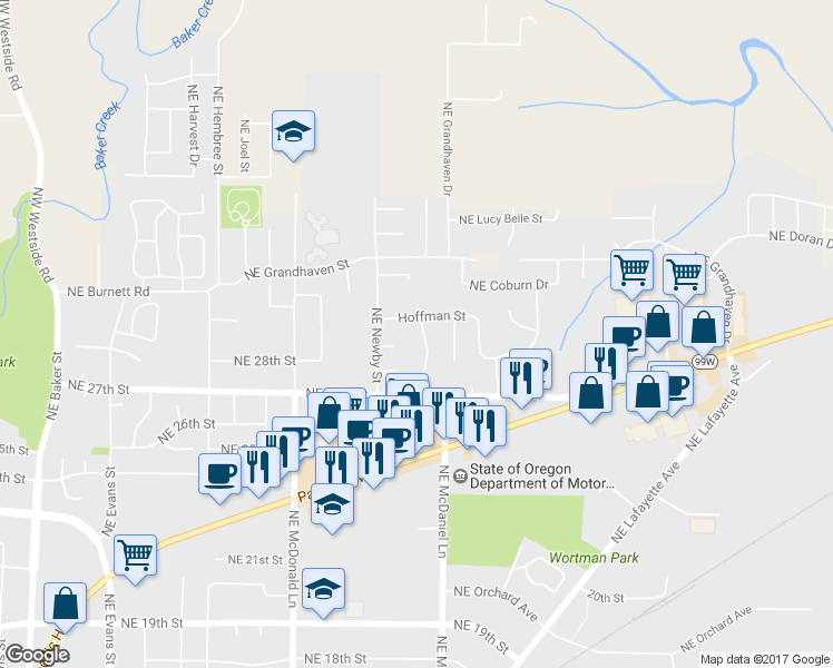 map of restaurants, bars, coffee shops, grocery stores, and more near 2835 Northeast Leathers Lane in McMinnville