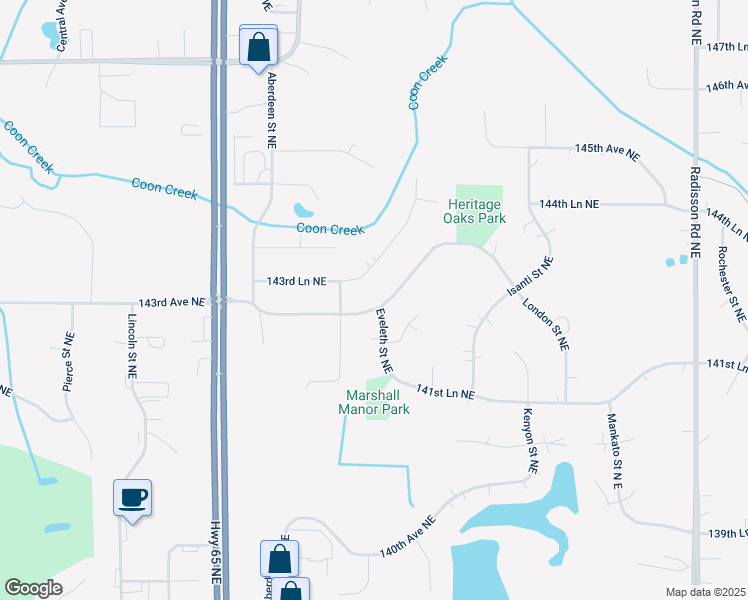 map of restaurants, bars, coffee shops, grocery stores, and more near 1645 143rd Avenue Northeast in Ham Lake