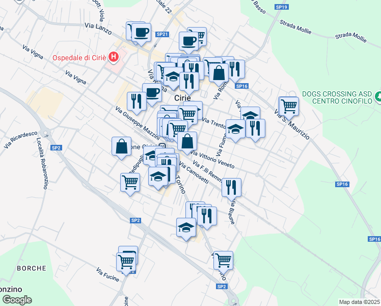 map of restaurants, bars, coffee shops, grocery stores, and more near Via Elio Ferrari in Ciriè