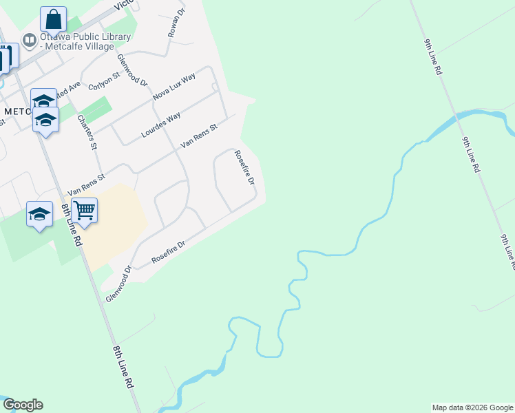 map of restaurants, bars, coffee shops, grocery stores, and more near 8308 Rosefire Drive in Ottawa