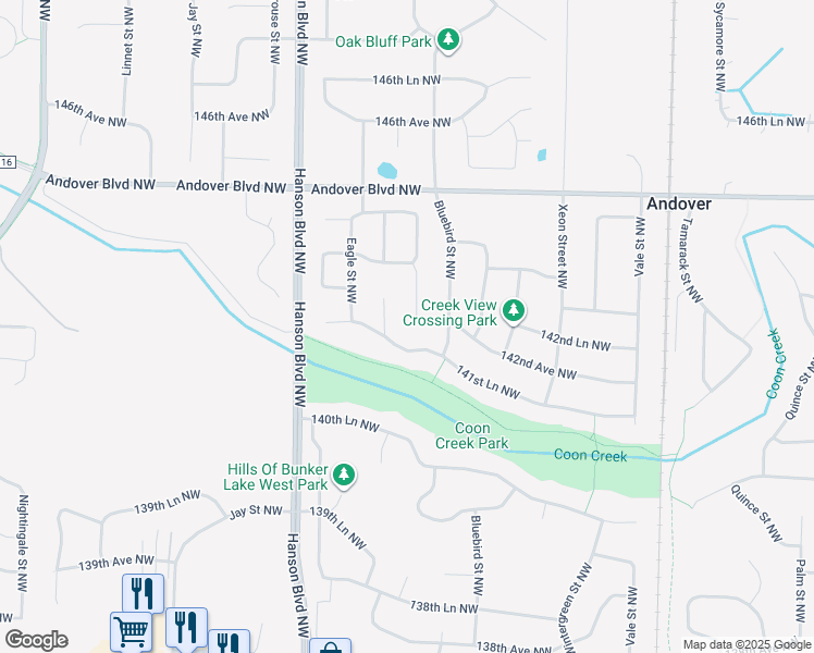 map of restaurants, bars, coffee shops, grocery stores, and more near 1419 141st Lane Northwest in Andover