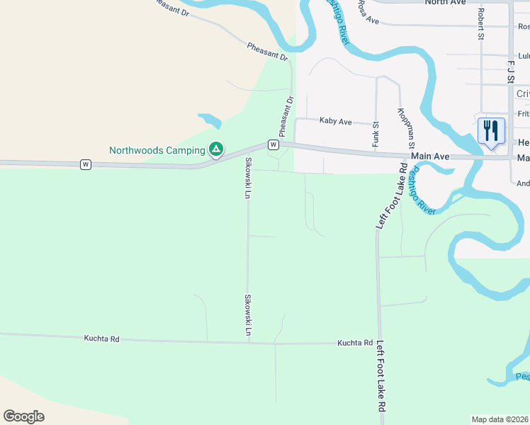 map of restaurants, bars, coffee shops, grocery stores, and more near N7432 Sikowski Lane in Crivitz