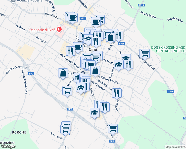 map of restaurants, bars, coffee shops, grocery stores, and more near Via Elio Ferrari in Ciriè