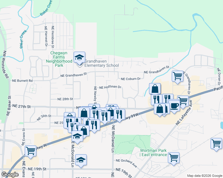 map of restaurants, bars, coffee shops, grocery stores, and more near 2817 Northeast Kimberly Court in McMinnville