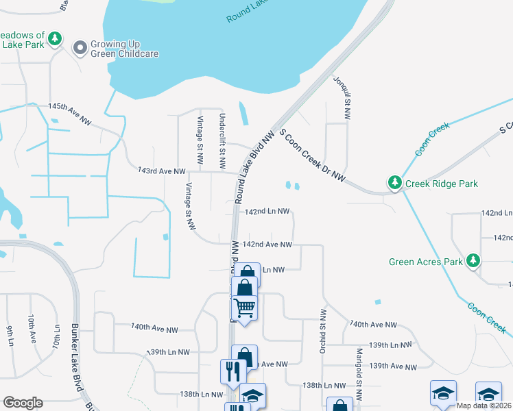 map of restaurants, bars, coffee shops, grocery stores, and more near 3527 142nd Lane Northwest in Andover