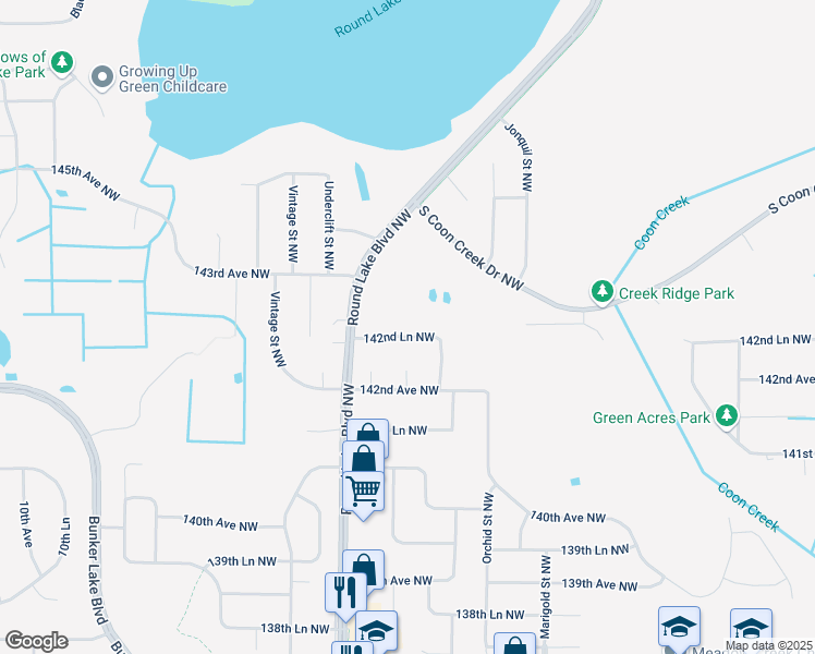 map of restaurants, bars, coffee shops, grocery stores, and more near 3518 142nd Lane Northwest in Andover