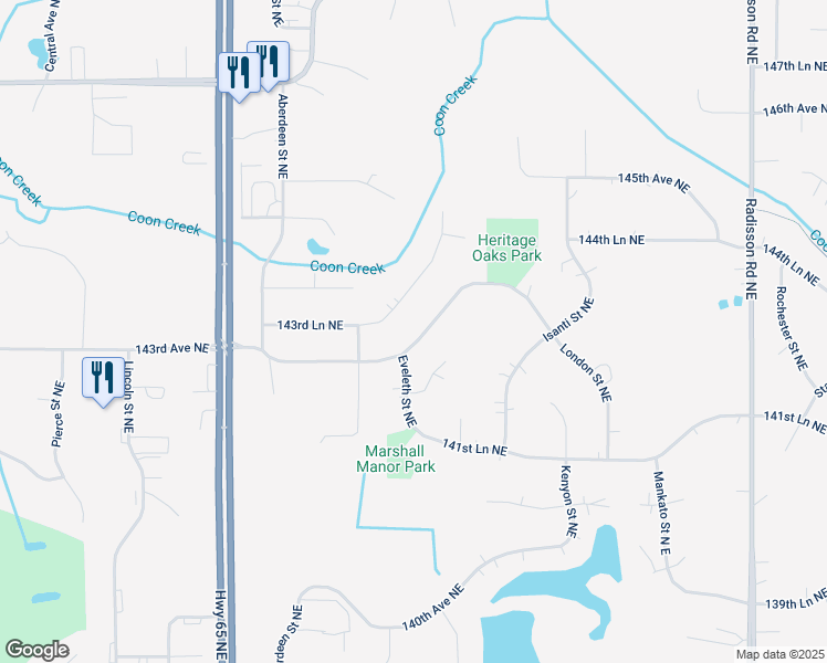 map of restaurants, bars, coffee shops, grocery stores, and more near 1645 143rd Avenue Northeast in Ham Lake