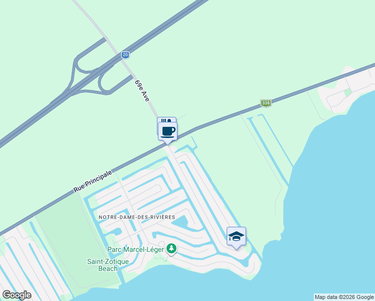 map of restaurants, bars, coffee shops, grocery stores, and more near 194 68e Avenue in Saint-Zotique