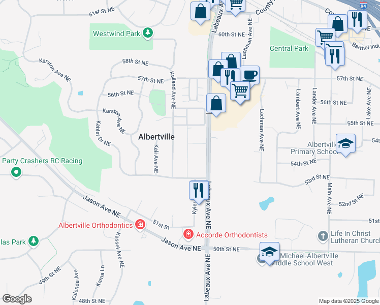 map of restaurants, bars, coffee shops, grocery stores, and more near 5474 Kalland Avenue Northeast in Albertville