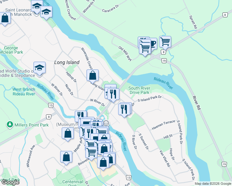 map of restaurants, bars, coffee shops, grocery stores, and more near Bridge Street in Ottawa