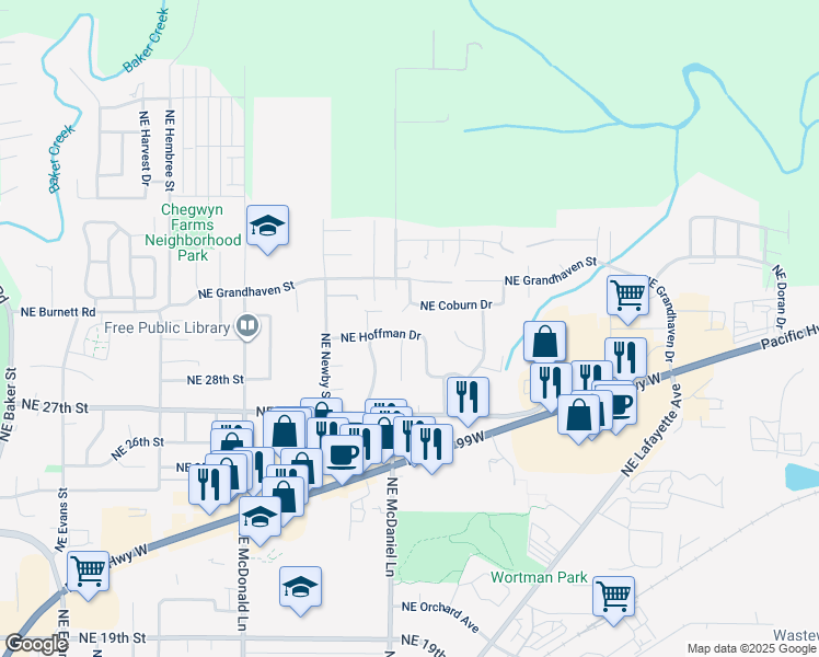 map of restaurants, bars, coffee shops, grocery stores, and more near 1660 Northeast Coburn Drive in McMinnville