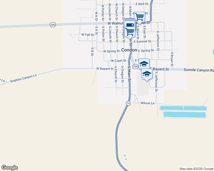 map of restaurants, bars, coffee shops, grocery stores, and more near 401 West Trimble Street in Condon