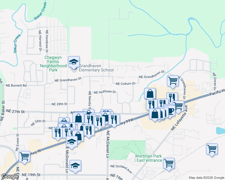map of restaurants, bars, coffee shops, grocery stores, and more near 1660 Northeast Coburn Drive in McMinnville