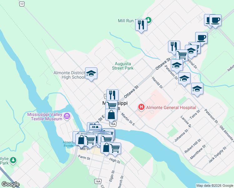 map of restaurants, bars, coffee shops, grocery stores, and more near 179 Victoria Street in Mississippi Mills