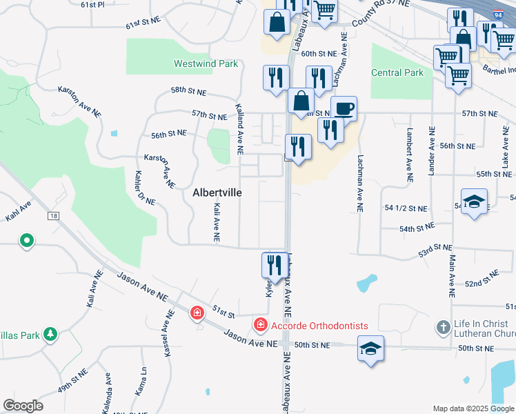 map of restaurants, bars, coffee shops, grocery stores, and more near 5474 Kalland Avenue Northeast in Albertville