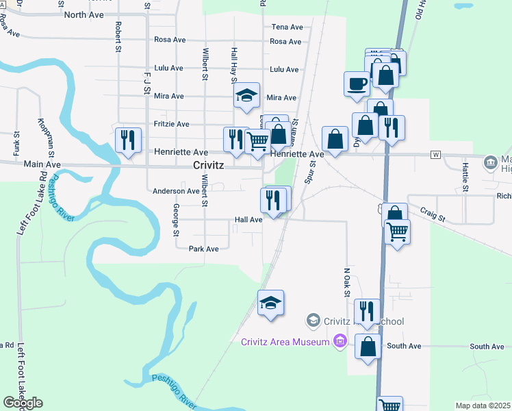 map of restaurants, bars, coffee shops, grocery stores, and more near 421 Louisa Street in Crivitz
