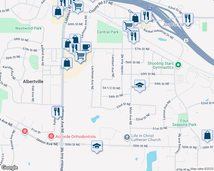 map of restaurants, bars, coffee shops, grocery stores, and more near 11352 54 1/2 Street Northeast in Albertville