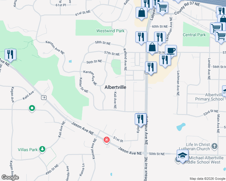 map of restaurants, bars, coffee shops, grocery stores, and more near 5467 Kali Avenue Northeast in Albertville