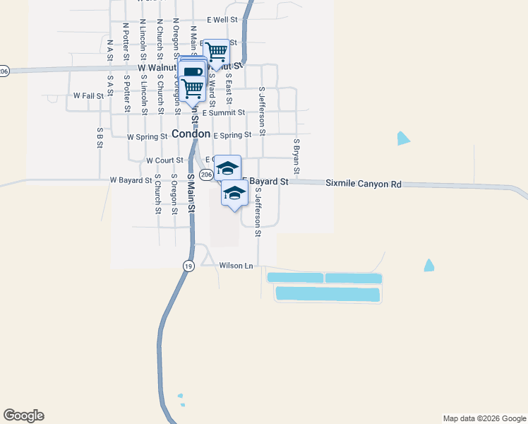 map of restaurants, bars, coffee shops, grocery stores, and more near 707 South McKinley Street in Condon