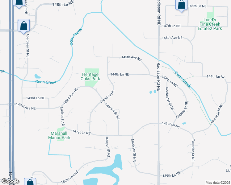 map of restaurants, bars, coffee shops, grocery stores, and more near 14345 Isanti Street Northeast in Ham Lake