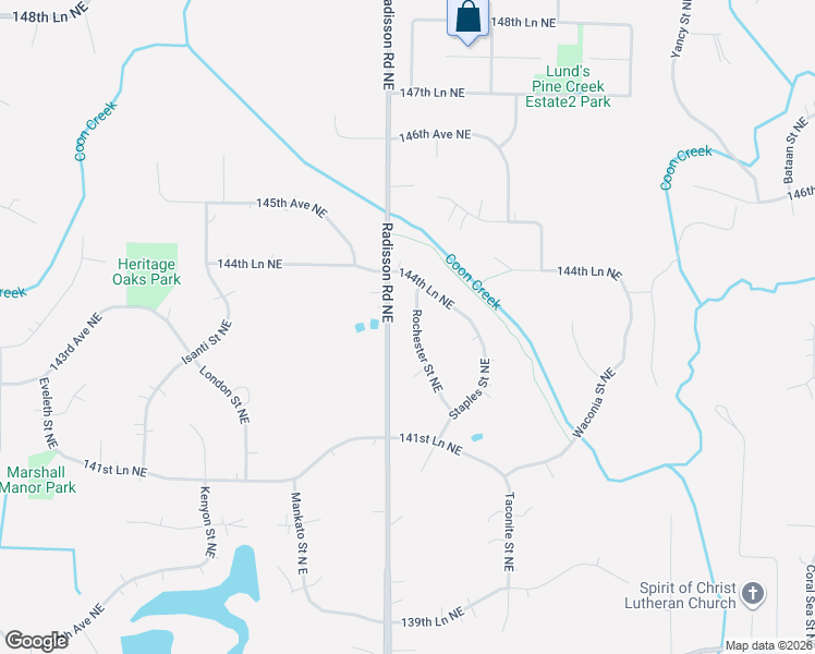 map of restaurants, bars, coffee shops, grocery stores, and more near 14347 Rochester Street Northeast in Ham Lake