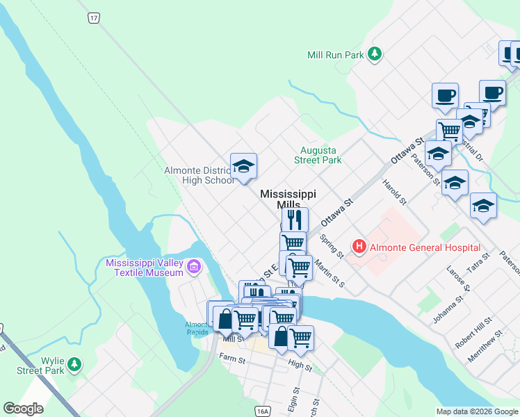 map of restaurants, bars, coffee shops, grocery stores, and more near 84 Martin Street North in Mississippi Mills