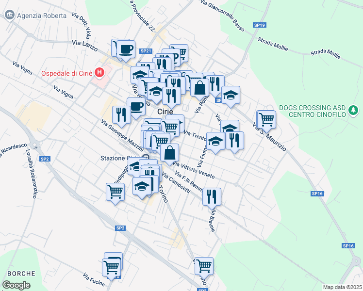 map of restaurants, bars, coffee shops, grocery stores, and more near Via Elio Ferrari in Ciriè