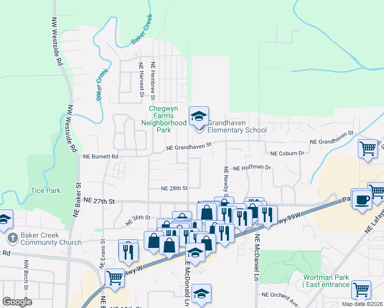 map of restaurants, bars, coffee shops, grocery stores, and more near 3043 Northeast McDonald Lane in McMinnville