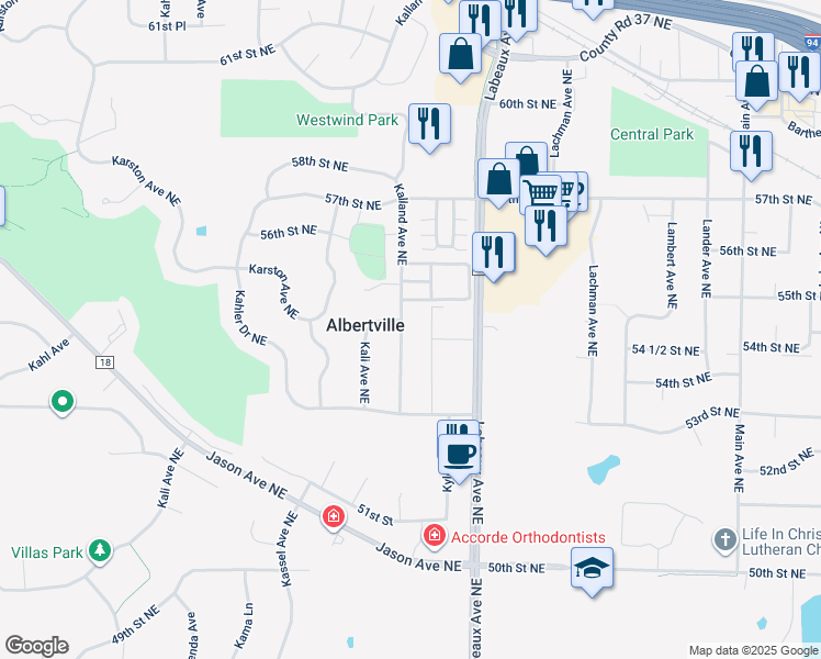 map of restaurants, bars, coffee shops, grocery stores, and more near 5474 Kalland Avenue Northeast in Albertville