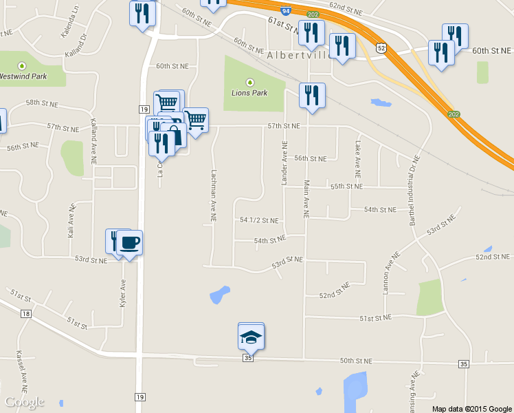 map of restaurants, bars, coffee shops, grocery stores, and more near 5494 Lambert Avenue Northeast in Albertville