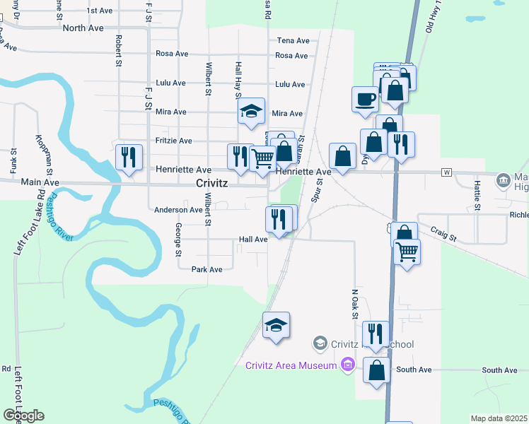 map of restaurants, bars, coffee shops, grocery stores, and more near 421 Louisa Street in Crivitz
