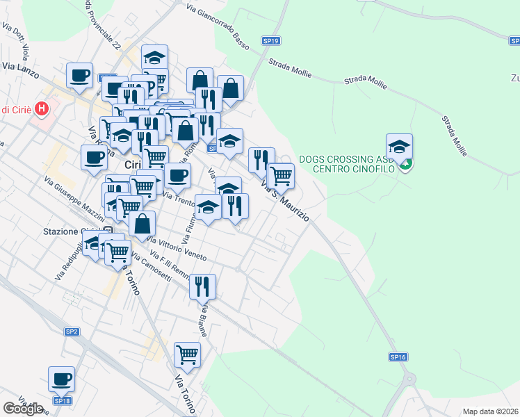 map of restaurants, bars, coffee shops, grocery stores, and more near 35 Via Generale Gazzera in Ciriè