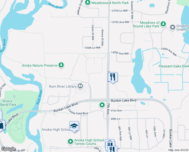 map of restaurants, bars, coffee shops, grocery stores, and more near 4367 Parkview Circle in Anoka