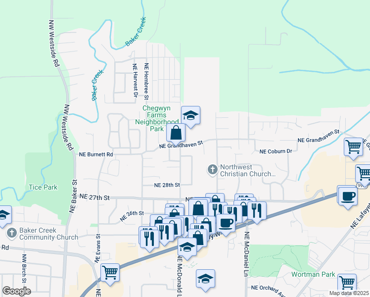 map of restaurants, bars, coffee shops, grocery stores, and more near 1110 Northeast Grandhaven Street in McMinnville