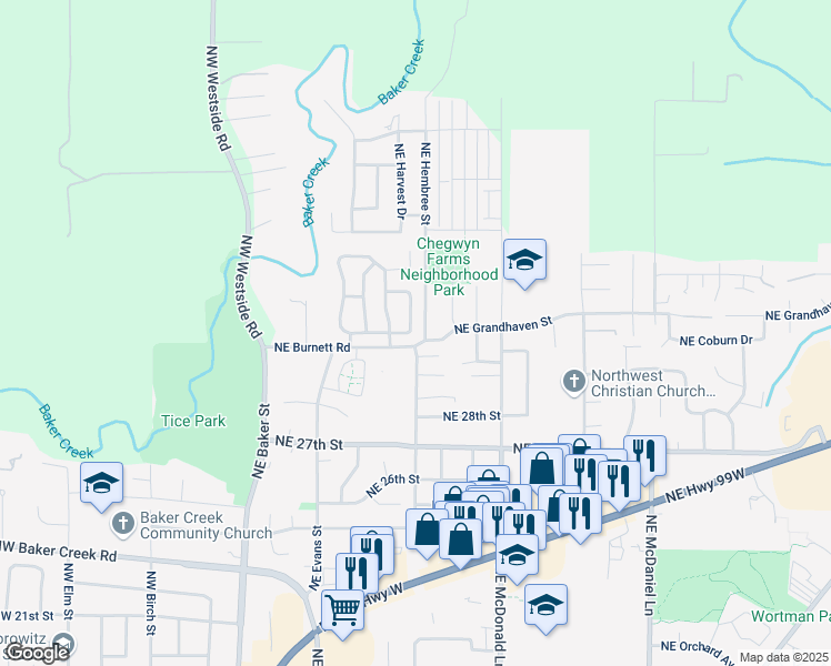 map of restaurants, bars, coffee shops, grocery stores, and more near 4 Heather Manor in McMinnville