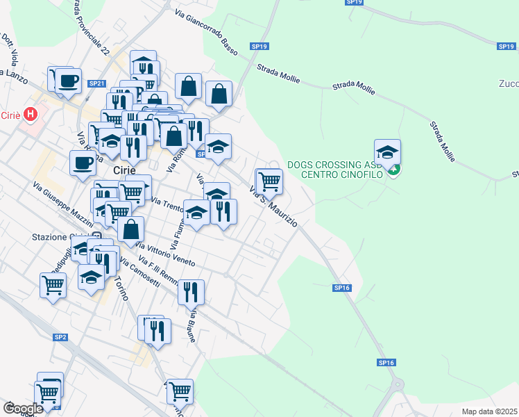map of restaurants, bars, coffee shops, grocery stores, and more near 35 Via Generale Gazzera in Ciriè