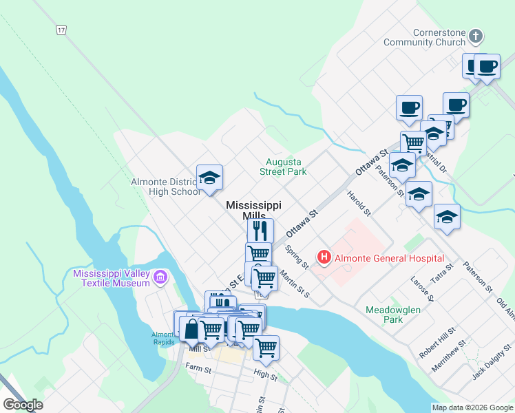 map of restaurants, bars, coffee shops, grocery stores, and more near 186 Maude Street in Mississippi Mills