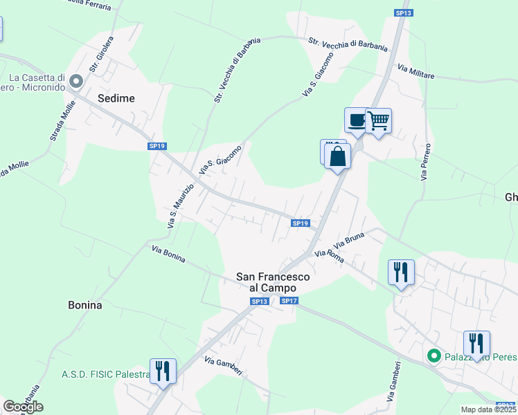 map of restaurants, bars, coffee shops, grocery stores, and more near 44 Via San Carlo n.50 in San Francesco Al Campo