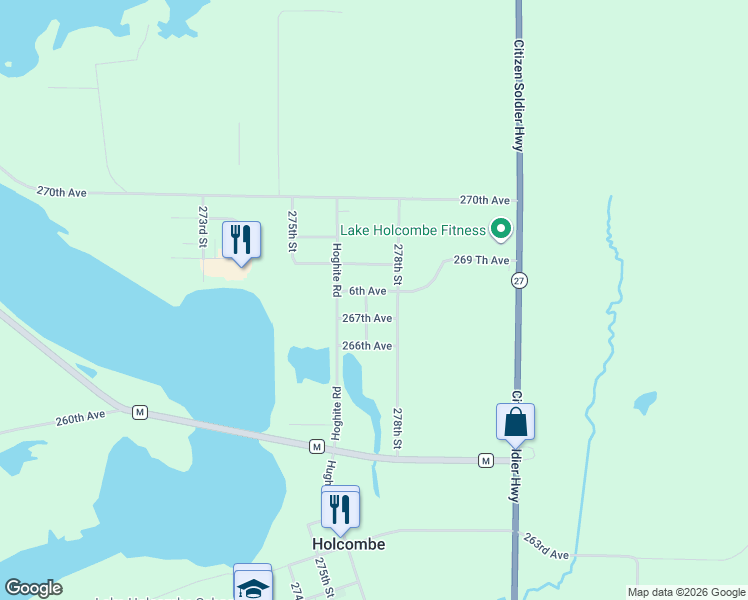 map of restaurants, bars, coffee shops, grocery stores, and more near 26690 277th Street in Holcombe