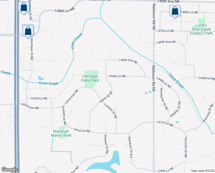 map of restaurants, bars, coffee shops, grocery stores, and more near 14345 Isanti Street Northeast in Ham Lake