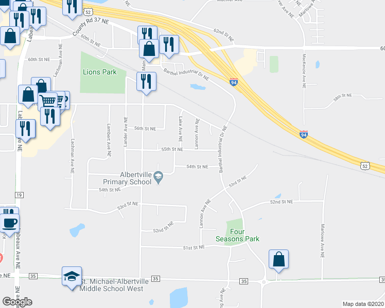 map of restaurants, bars, coffee shops, grocery stores, and more near 11711 55th Street Northeast in Albertville
