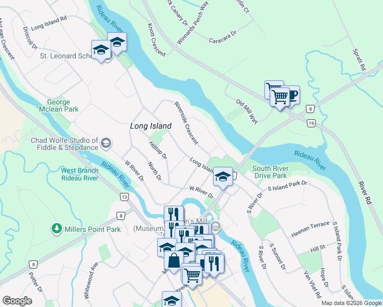 map of restaurants, bars, coffee shops, grocery stores, and more near 5437 Long Island Road in Ottawa