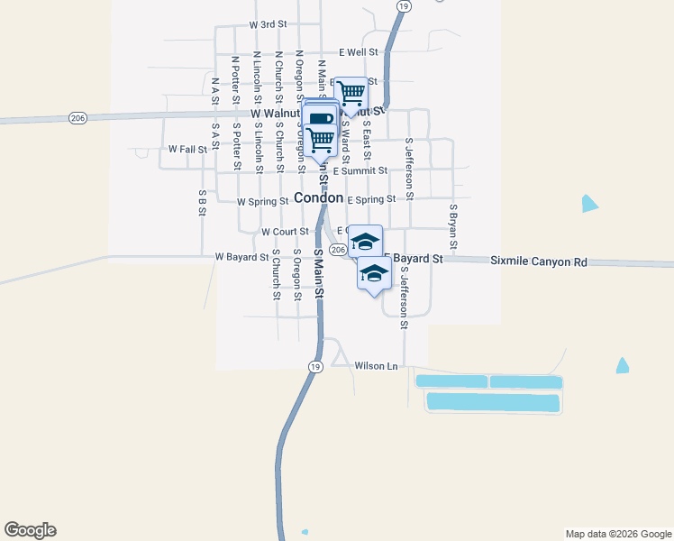 map of restaurants, bars, coffee shops, grocery stores, and more near 600 South Main Street in Condon