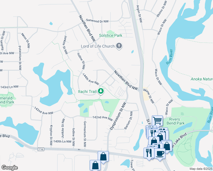 map of restaurants, bars, coffee shops, grocery stores, and more near 5450 144th Way Northwest in Ramsey