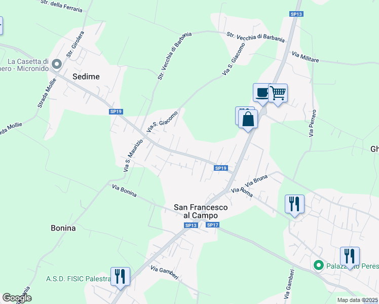 map of restaurants, bars, coffee shops, grocery stores, and more near 44 Via San Carlo in San Francesco Al Campo